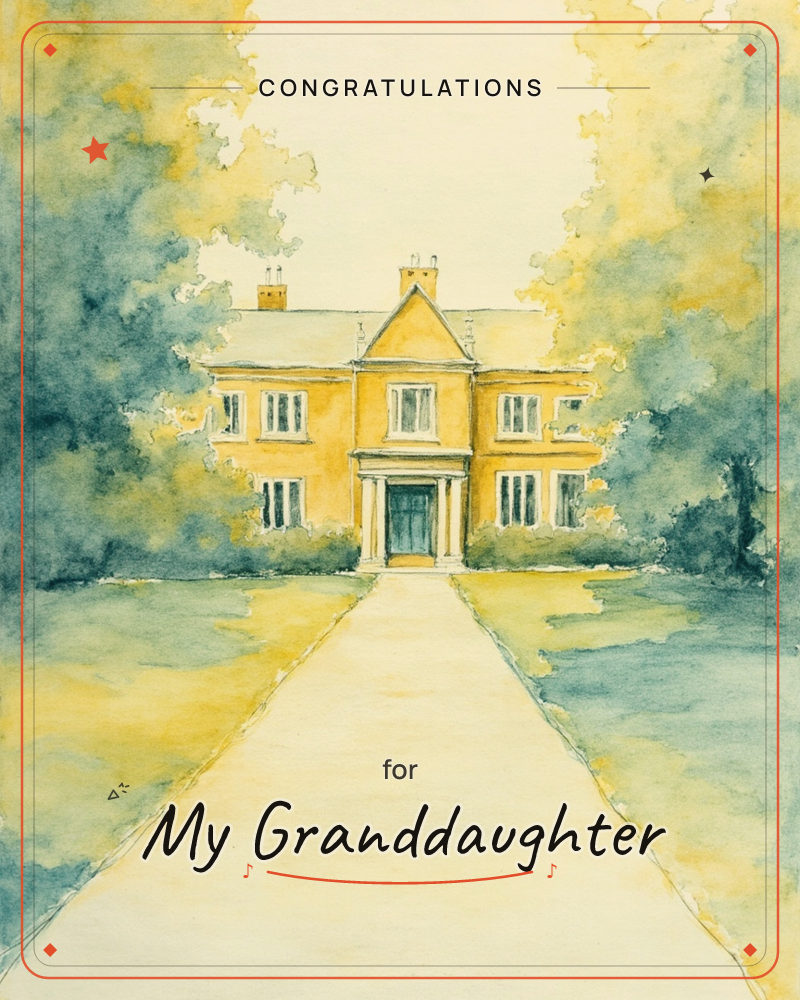A honey-coloured stone manor house sits framed by tall trees, their foliage rendered in loose washes of teal and gold, a graduation e-card design