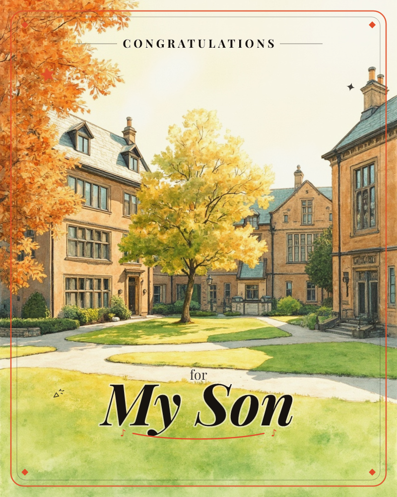 A grand old stone campus courtyard glows in autumn light, its gabled buildings framing a single golden tree at the centre of a curved lawn, a graduation e-card design