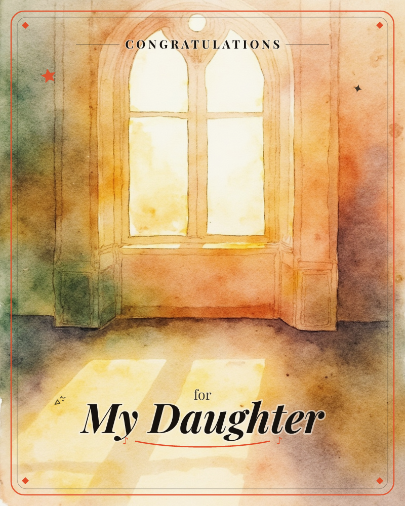 A watercolour painting shows a tall arched window glowing with warm golden light, set into a softly shadowed room, a graduation e-card design