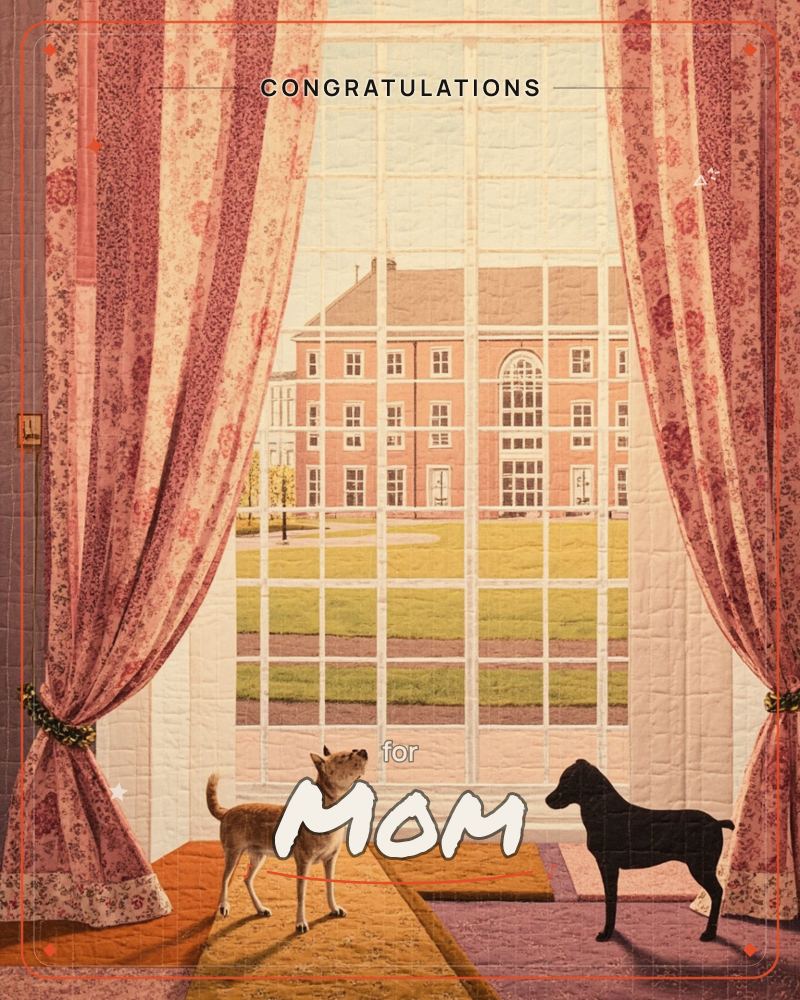 A pair of floral curtains, tied back with tasselled cords, frame a tall paned window looking out onto a grand brick manor house across a neat lawn, a graduation e-card design