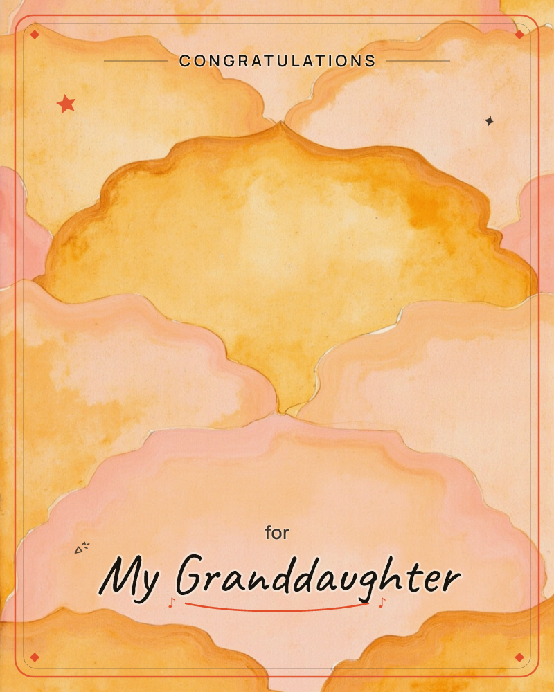 A repeating pattern of scalloped, cloud-like fan shapes washes across the page in warm golds, peaches and soft pinks, a graduation e-card design