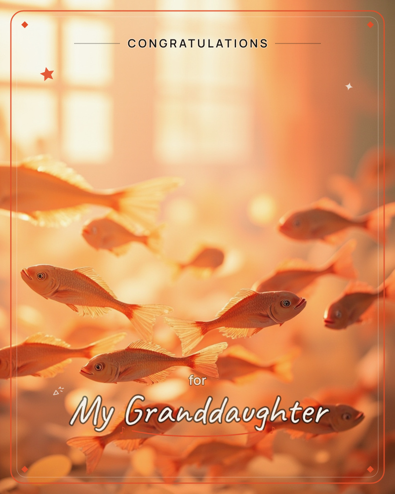 A shoal of small goldfish drifts through a warm, sunlit haze, their fins glowing translucent against a soft blur of window light, a graduation e-card design