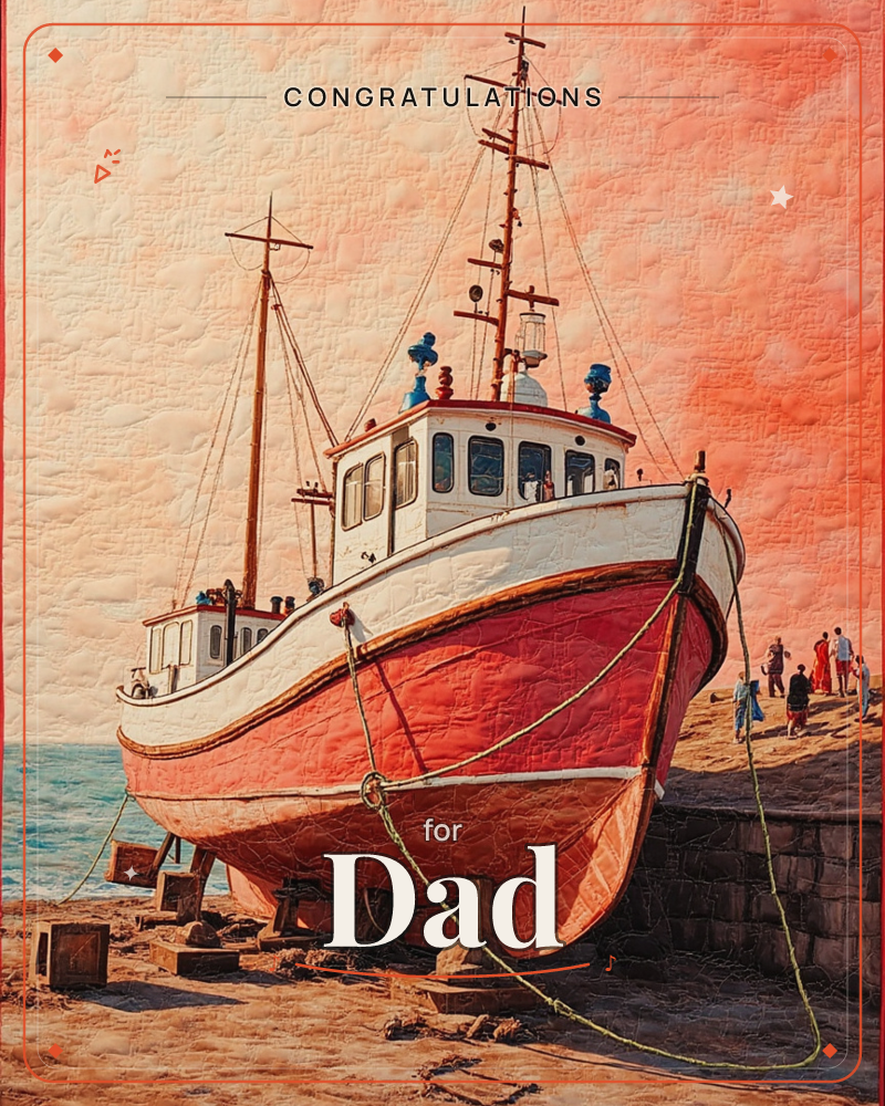 A red and white fishing trawler sits propped up on wooden blocks on a sandy shore, its masts and rigging rising against a glowing orange-pink sky, a graduation e-card design
