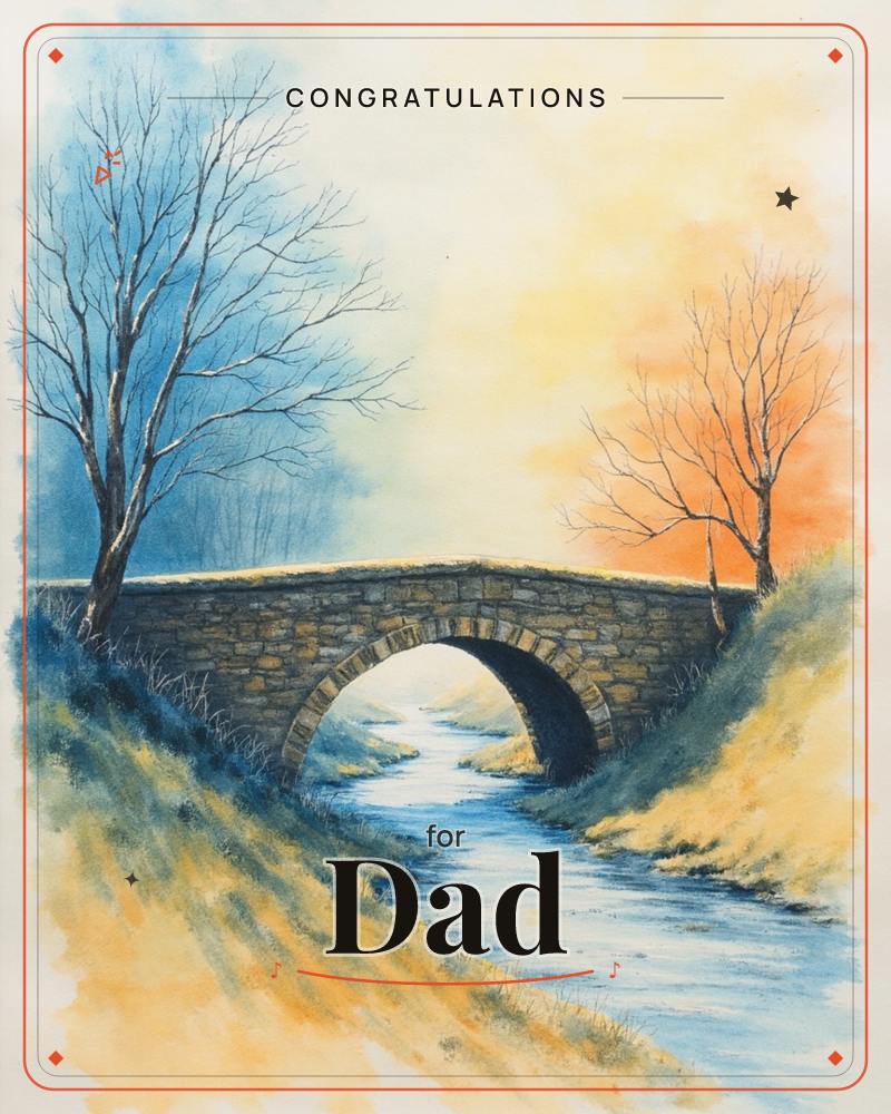 A stone arch bridge spans a quiet stream, its reflection glowing beneath the arch as the water curves off into the distance, a graduation e-card design