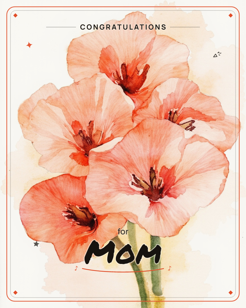 A cluster of five wide-open poppy-like blooms in soft coral and peach, their petals thin and translucent with visible veining, painted in loose…, a graduation e-card design