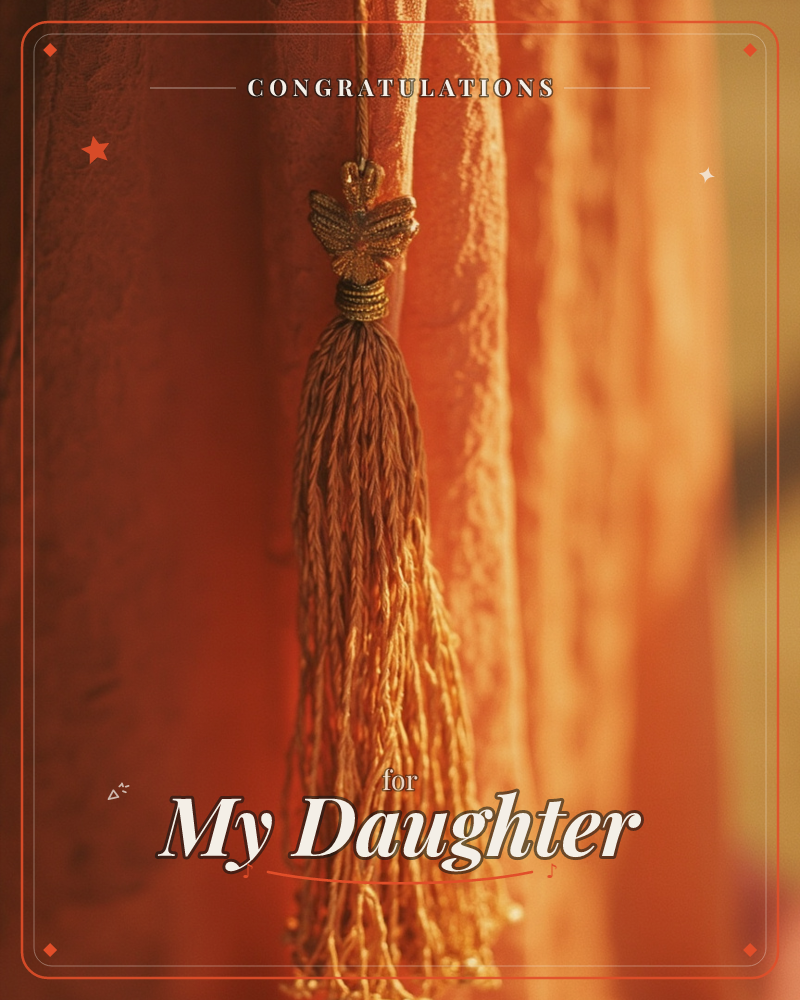 A single decorative tassel hangs against folds of rich orange drapery, its golden butterfly-shaped cap catching warm light, a graduation e-card design