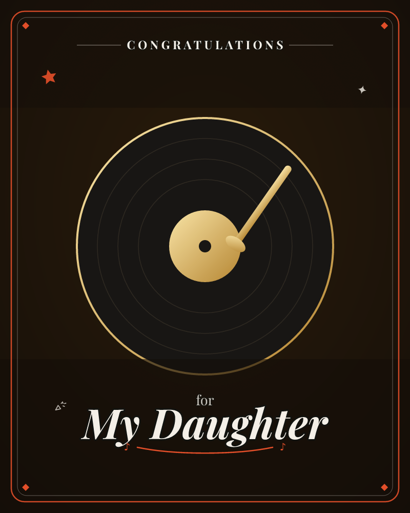 A vinyl record glows in gold outline against a near-black background, its grooves traced in fine concentric rings with a slim tonearm resting near the…, a graduation e-card design by @DittyCityTeam