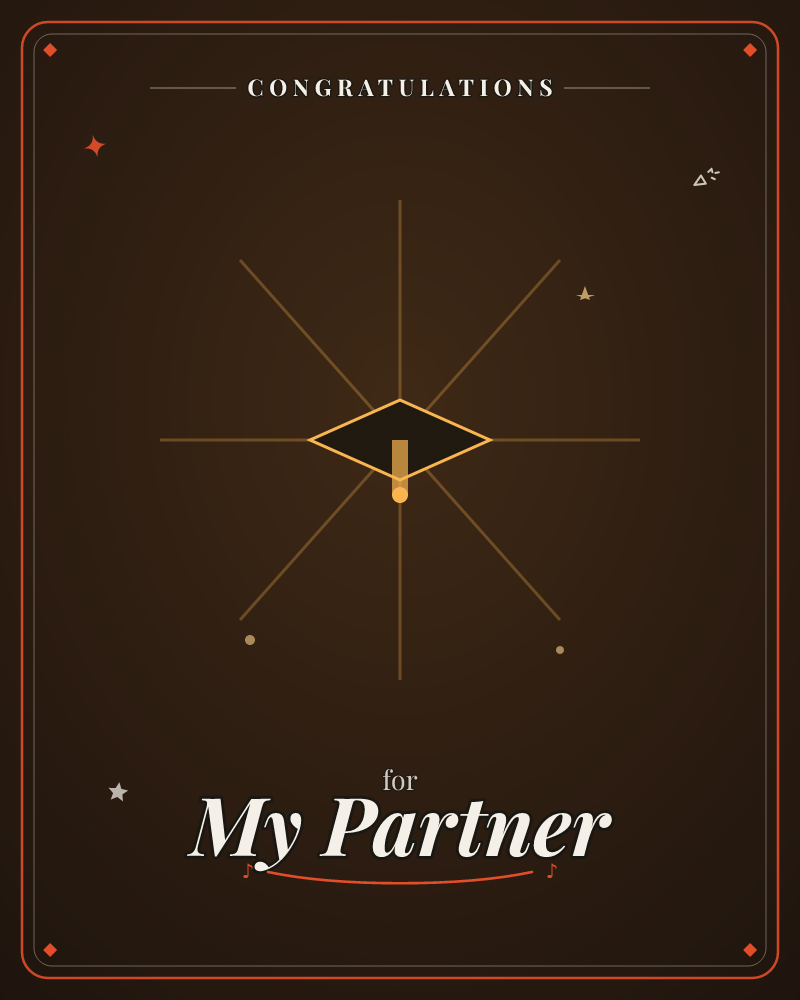 A minimalist geometric star burst glows in gold against a deep, almost black brown background, a graduation e-card design by @DittyCityTeam