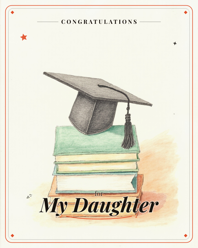 A grey graduation cap with a black tassel sits balanced on top of a stack of well-worn books in green, cream and pale blue covers, a graduation e-card design