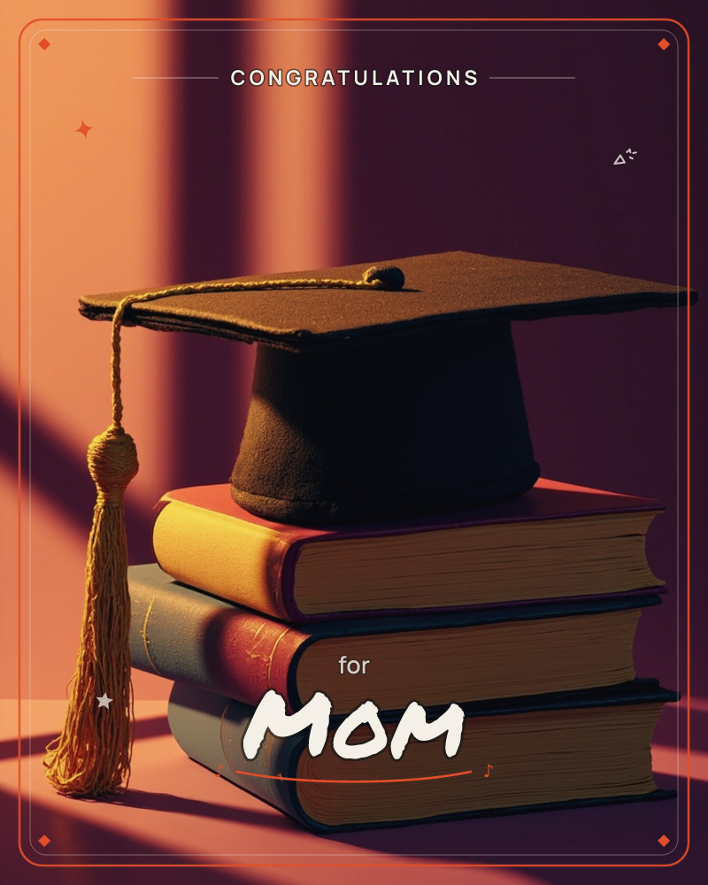 A black graduation cap with its gold tassel rests atop a stack of three worn hardback books, lit by warm late-afternoon light casting long diagonal…, a graduation e-card design