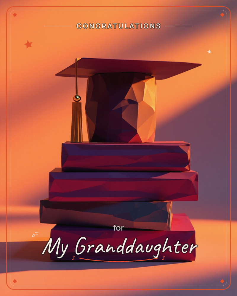 A low-poly graduation cap with a dangling tassel sits atop a stack of four faceted books, all rendered in deep maroon and burgundy tones, a graduation e-card design