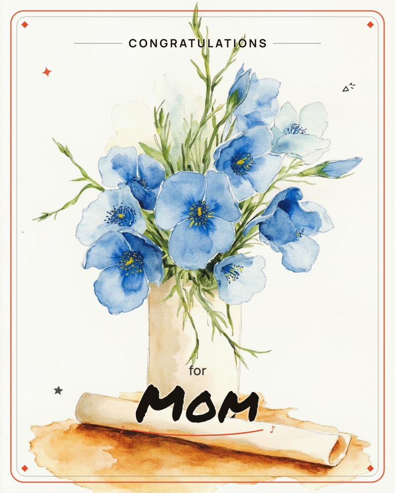 A watercolour bouquet of blue poppies fills a soft-edged vase, their papery petals open wide around bright yellow centres and slender green stems…, a graduation e-card design