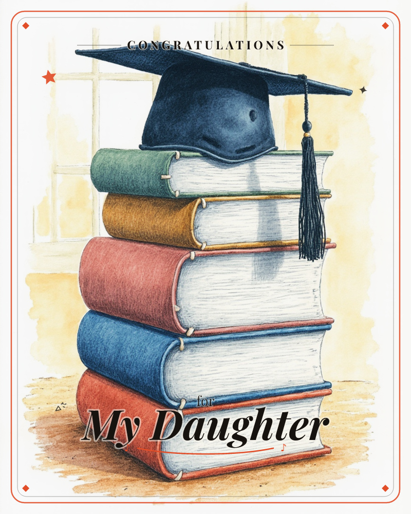 A navy graduation cap with a swinging black tassel sits atop a tall stack of five hardcover books in green, mustard, red, blue and brick tones, a graduation e-card design