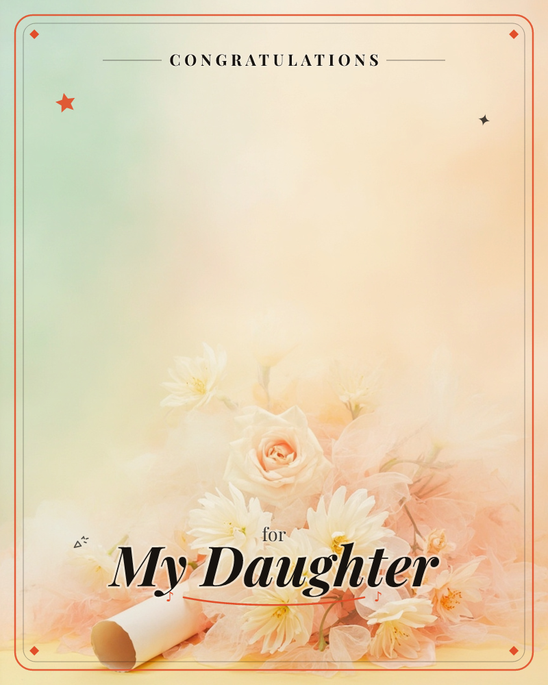 A soft, hazy background fades from pale mint into warm cream and peach, with a cluster of roses and daisies drifting up from the lower right corner, a graduation e-card design