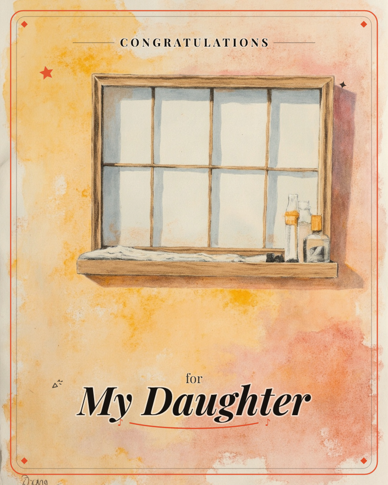 A wooden-paned window is painted into a warm, sun-washed wall of gold and terracotta, its panes glowing pale and hazy as if lit from within, a graduation e-card design