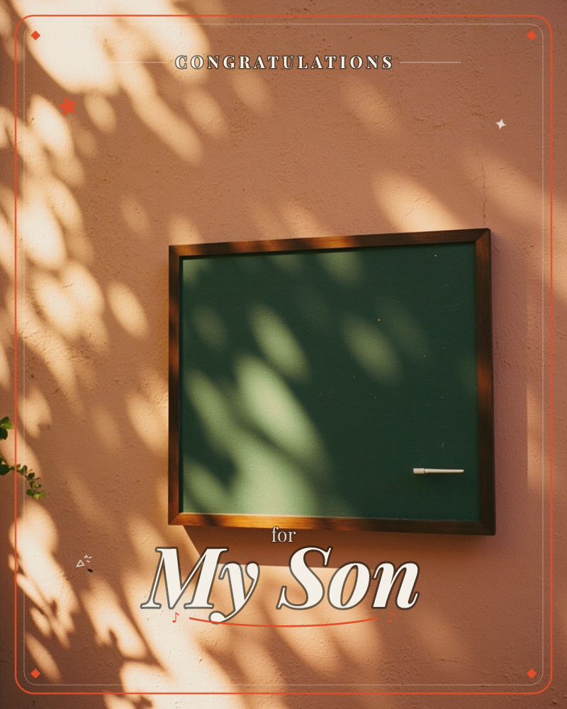 A small green chalkboard in a wooden frame hangs blank on a sun-warmed terracotta wall, a stick of white chalk resting in the corner, a graduation e-card design