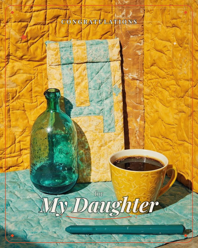 A still life bathed in warm sunlight: a green glass bottle and a yellow patterned mug of dark coffee sit atop a quilted teal fabric, backed by a golden…, a graduation e-card design