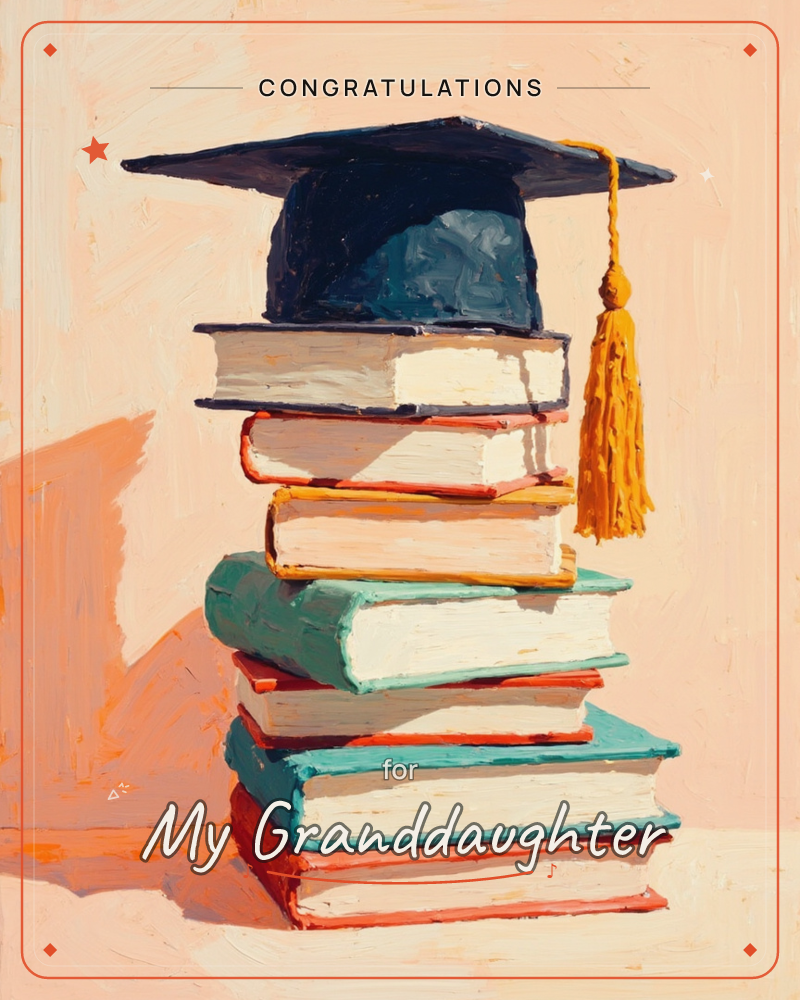 A navy graduation cap with a gold tassel rests on top of a leaning stack of books, painted in loose, sunlit brushstrokes against a warm peach wall, a graduation e-card design