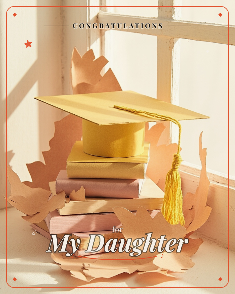 A small yellow paper graduation cap with a golden tassel sits atop a stacked pile of books beside a sunlit window, surrounded by cut-paper autumn leaves, a graduation e-card design