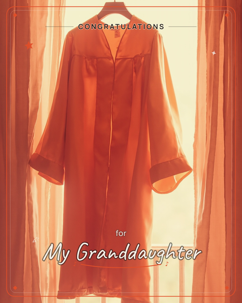 A satin graduation gown hangs on a wooden hanger in front of a sunlit window, its orange fabric glowing as light pours through sheer curtains on either…, a graduation e-card design
