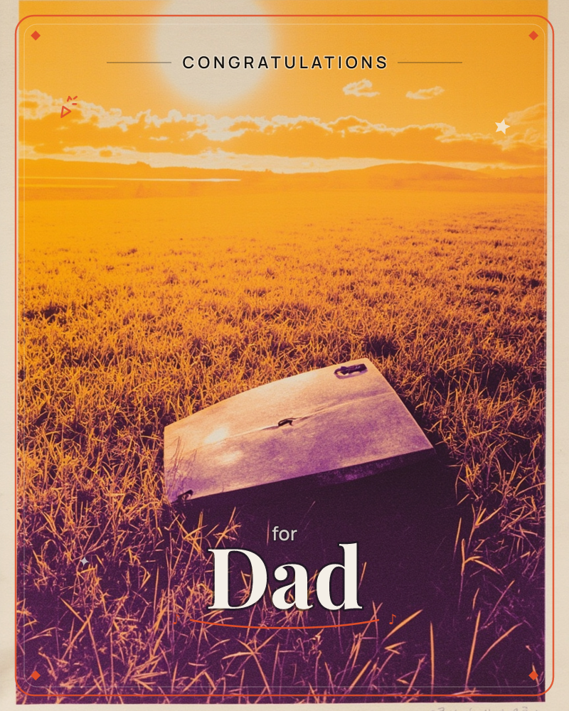 An old boxy television lies discarded on its back in a windswept field, its screen tilted up toward a hazy, glowing sun, a graduation e-card design