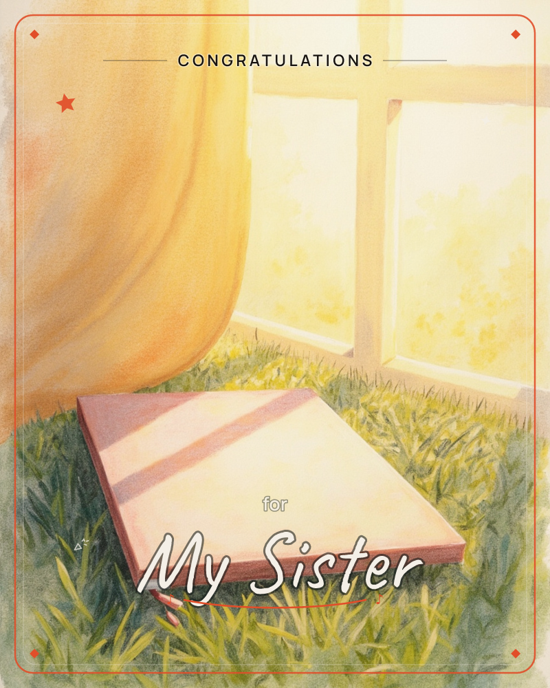A closed book with a rust-red cover rests on a grassy floor beside a sun-drenched window, an amber curtain swept to one side, a graduation e-card design