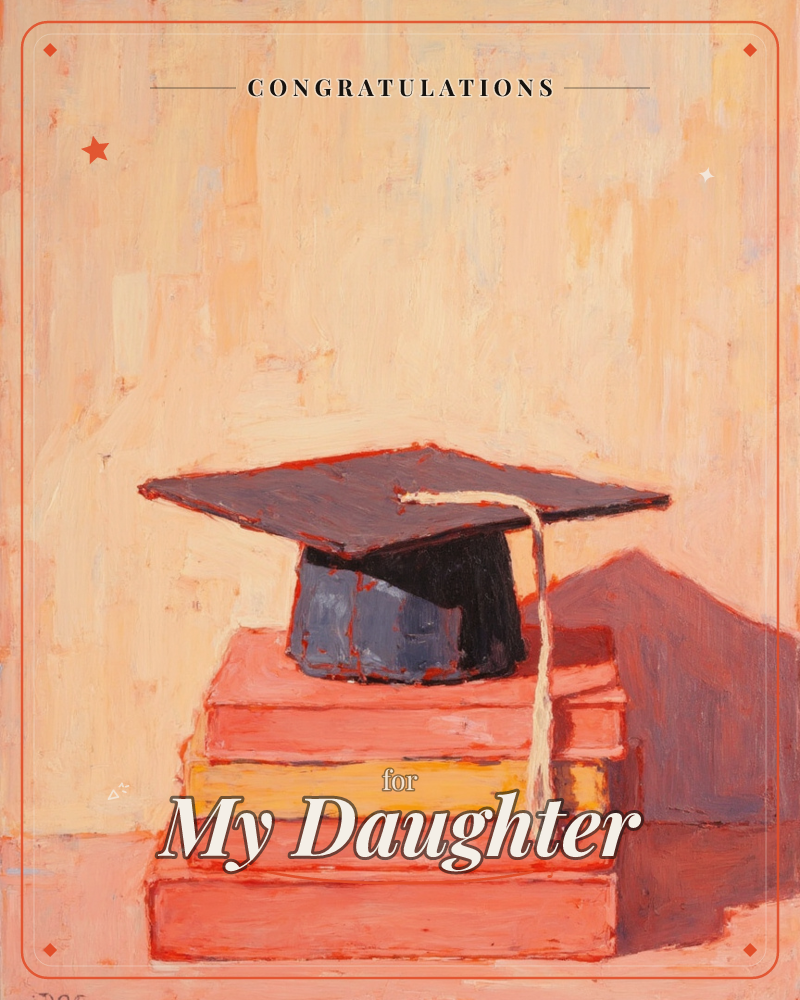 A graduation cap with a pale tassel rests atop a stack of books, painted in loose, warm brushstrokes against a glowing peach-toned wall, a graduation e-card design