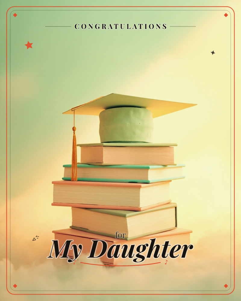 A graduation cap with a golden tassel sits atop a leaning stack of hardback books, rendered like a soft 3D illustration glowing against a hazy green…, a graduation e-card design