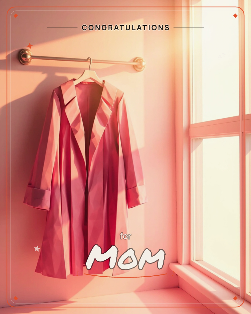 A pink trench coat hangs on a wall-mounted rail beside a tall window, sunlight washing the wall in warm coral and rose tones, a graduation e-card design