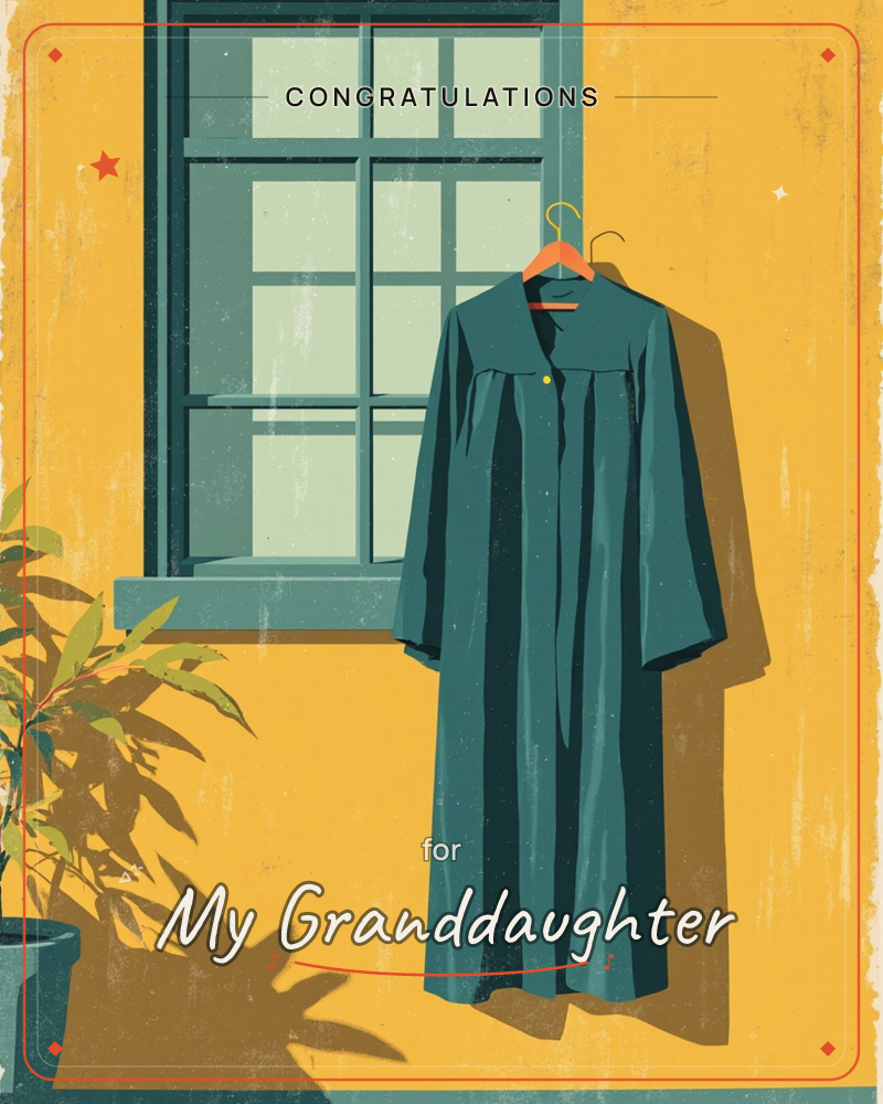 A dark teal graduation gown hangs on an orange hanger against a sun-warmed mustard-yellow wall, beside a paned window with its shutters open, a graduation e-card design