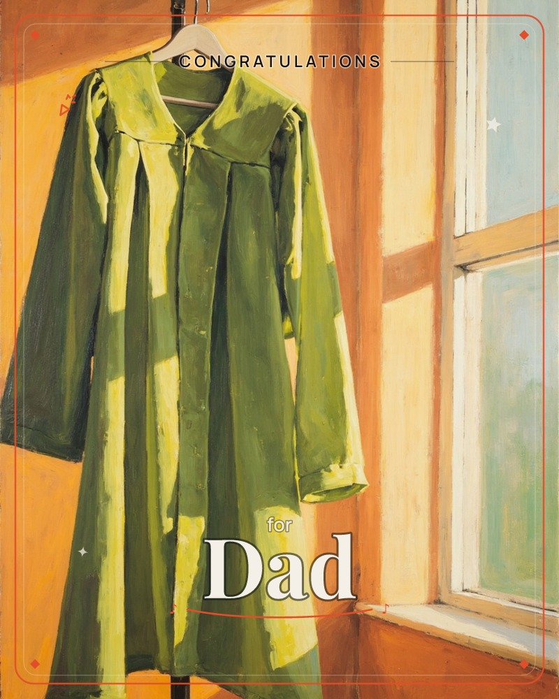 A green graduation gown hangs on a wire hanger against a sunlit, mustard-orange wall, its pleated collar catching bright streaks of light beside an old…, a graduation e-card design