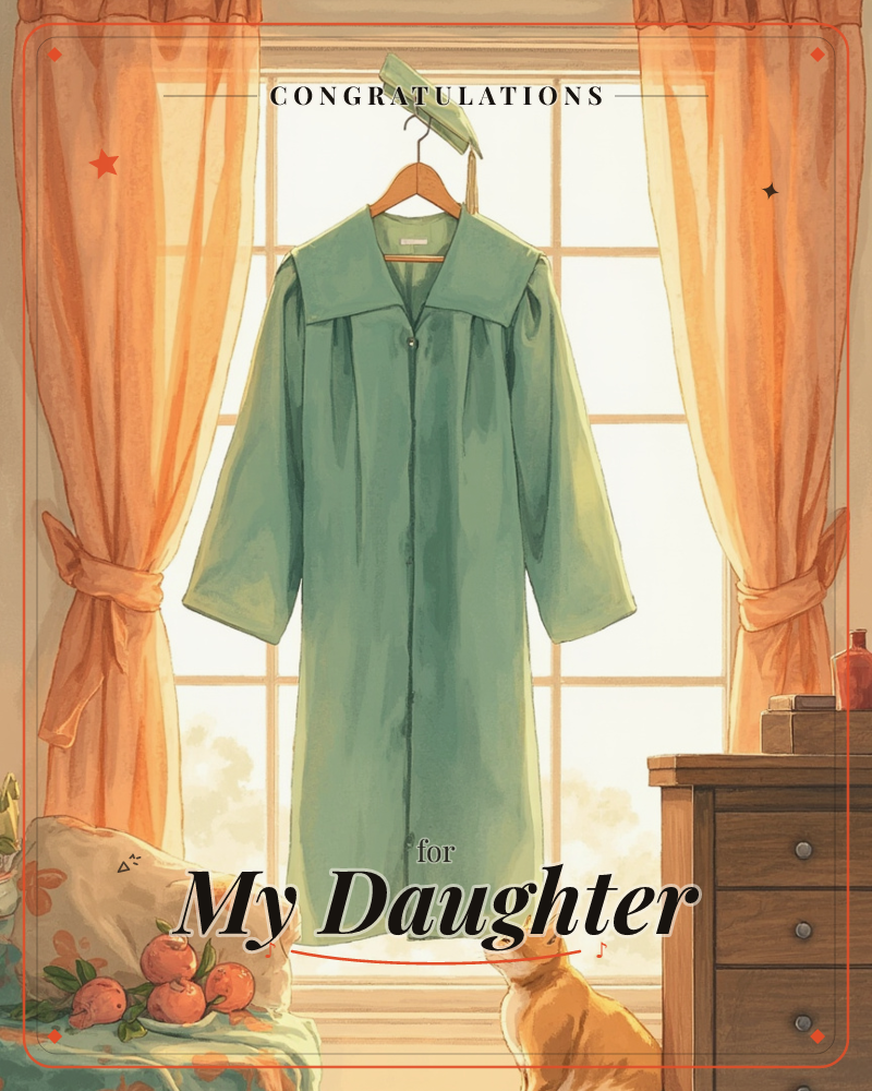 A sage-green graduation gown hangs on a wooden hanger against a sunlit window, its cap perched on top and tassel dangling, a graduation e-card design
