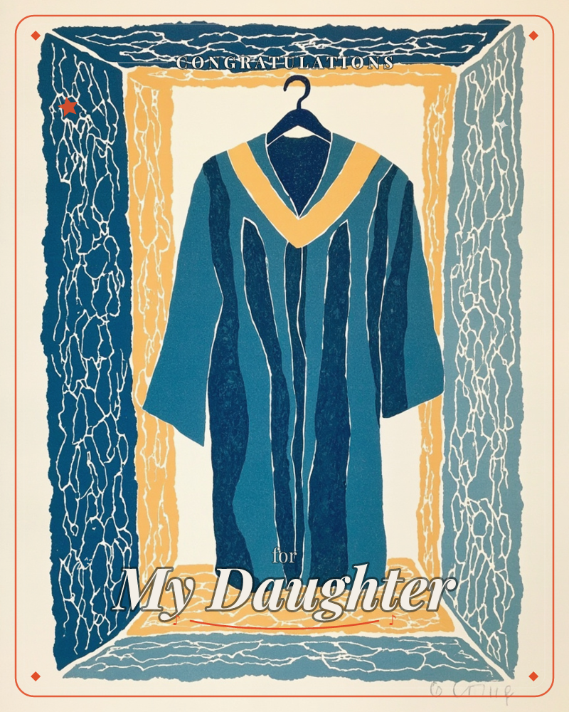 A graduation gown in striped blue tones with a gold V-neck trim hangs alone on a wire hanger, framed by a stylised doorway of textured navy and mustard…, a graduation e-card design