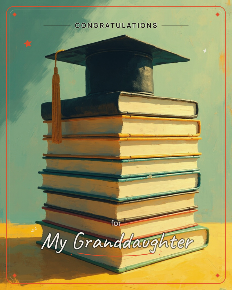 A tall stack of thick hardcover books, their edges painted in teal, red and gold, sits on a warm mustard-yellow tabletop against a soft turquoise wall, a graduation e-card design