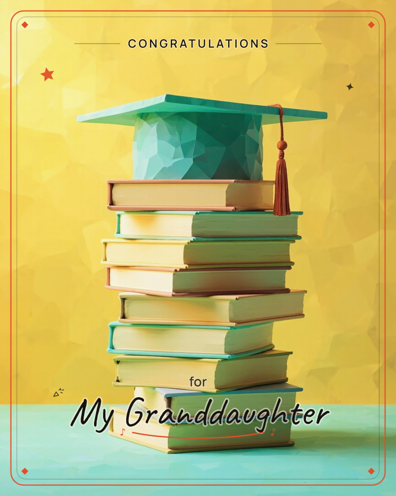 A teal graduation cap with a bronze tassel sits perched atop a tall, teetering stack of hardcover books, glowing against a warm golden textured backdrop, a graduation e-card design