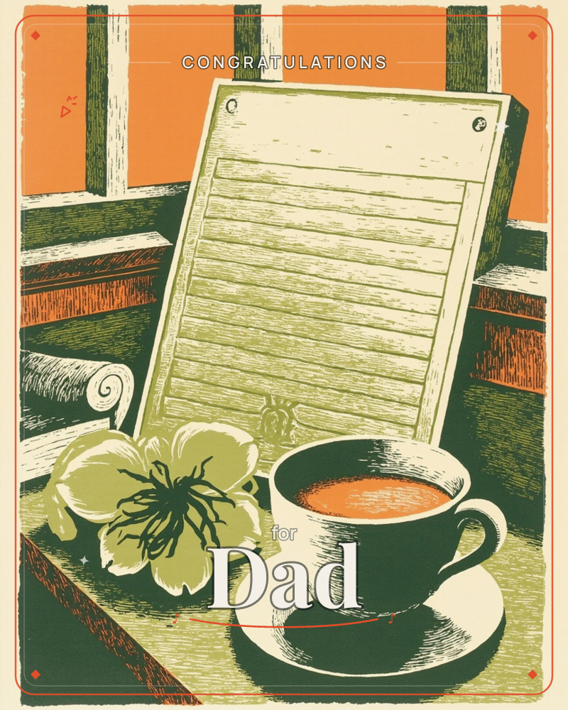 A woodblock-style print of a shuttered window ledge holding a lined notepad propped upright, a saucer with a full teacup, and a large open blossom with…, a graduation e-card design