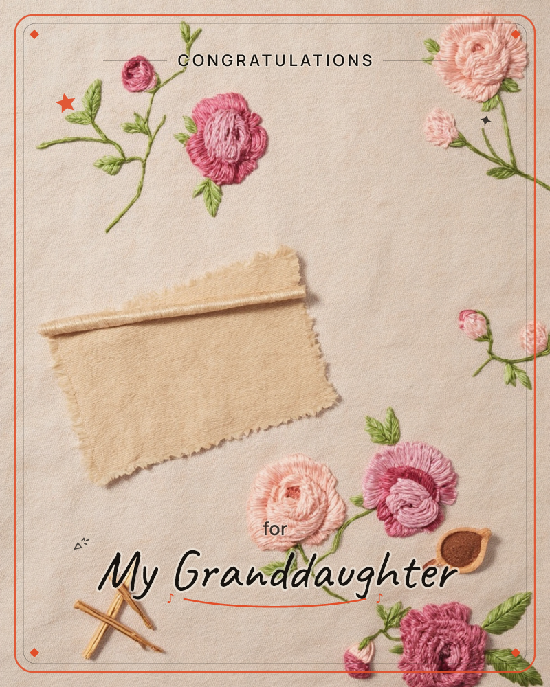 A blank torn-edge label rests on cream linen embroidered with clusters of pink and rose-coloured roses in soft thread stitching, a graduation e-card design