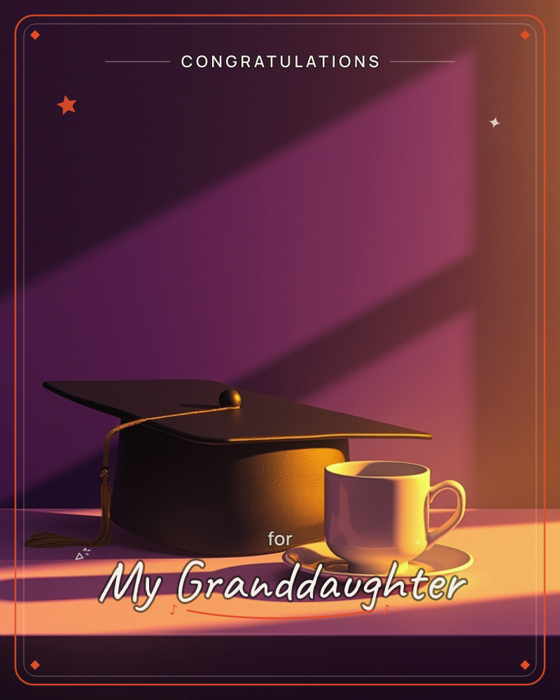 A black graduation cap with a gold tassel rests on a warm-lit table beside a white coffee cup and saucer, both bathed in a low golden light against a…, a graduation e-card design