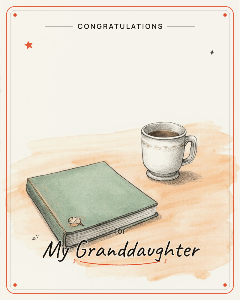 A closed sage-green book with a tiny leaf tucked at its edge rests beside a well-worn mug of dark coffee, both set on a warm peach-washed tabletop…, a graduation e-card design