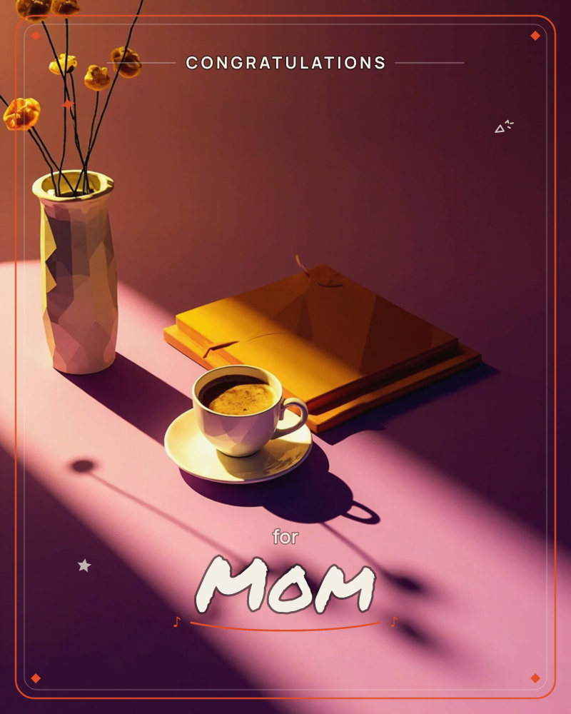 A faceted vase of dried flowers, a stack of tan books and a full coffee cup sit on a table lit by a low, warm shaft of light that stretches long…, a graduation e-card design