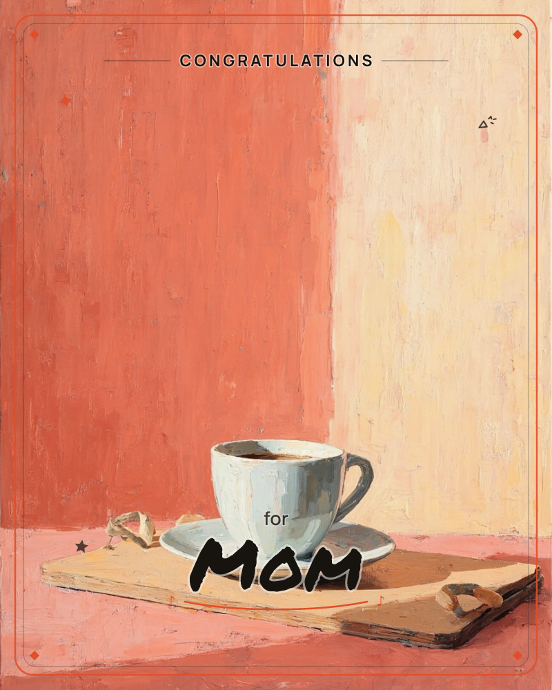 A white teacup filled with dark coffee sits on its saucer atop a folded cloth, set against a wall painted in two blocks of colour, rust-red and warm cream, a graduation e-card design