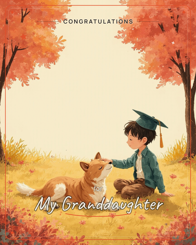 A child in a teal graduation cap sits cross-legged in a golden autumn meadow, gently touching the nose of a corgi lying beside them, a graduation e-card design