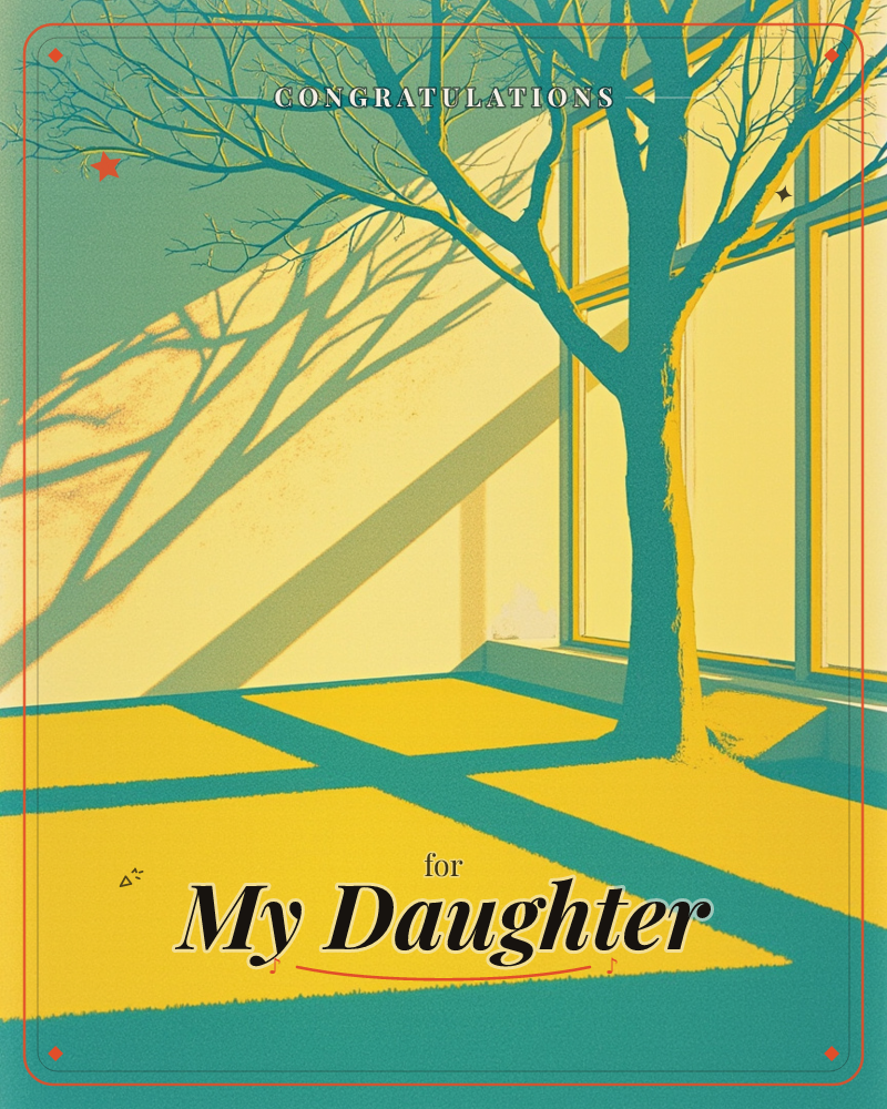 A bare, leafless tree stands silhouetted against a glowing yellow window, its long shadow stretching across a tiled courtyard floor in a bold streak of…, a graduation e-card design
