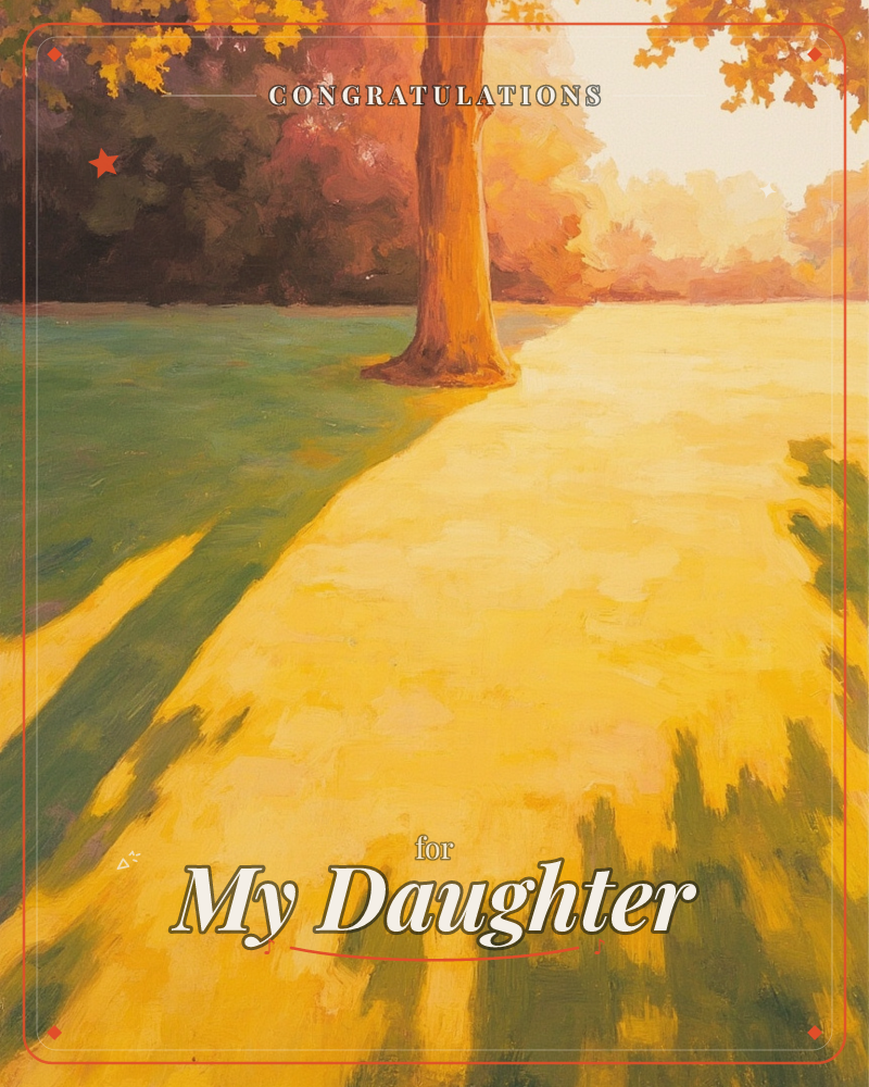 A painted park path glows golden under low autumn sunlight, split by the long shadow of a single tree trunk, a graduation e-card design