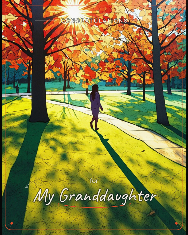 A woman walks alone down a park path beneath a canopy of blazing orange and red autumn trees, sunlight bursting directly overhead and scattering long…, a graduation e-card design