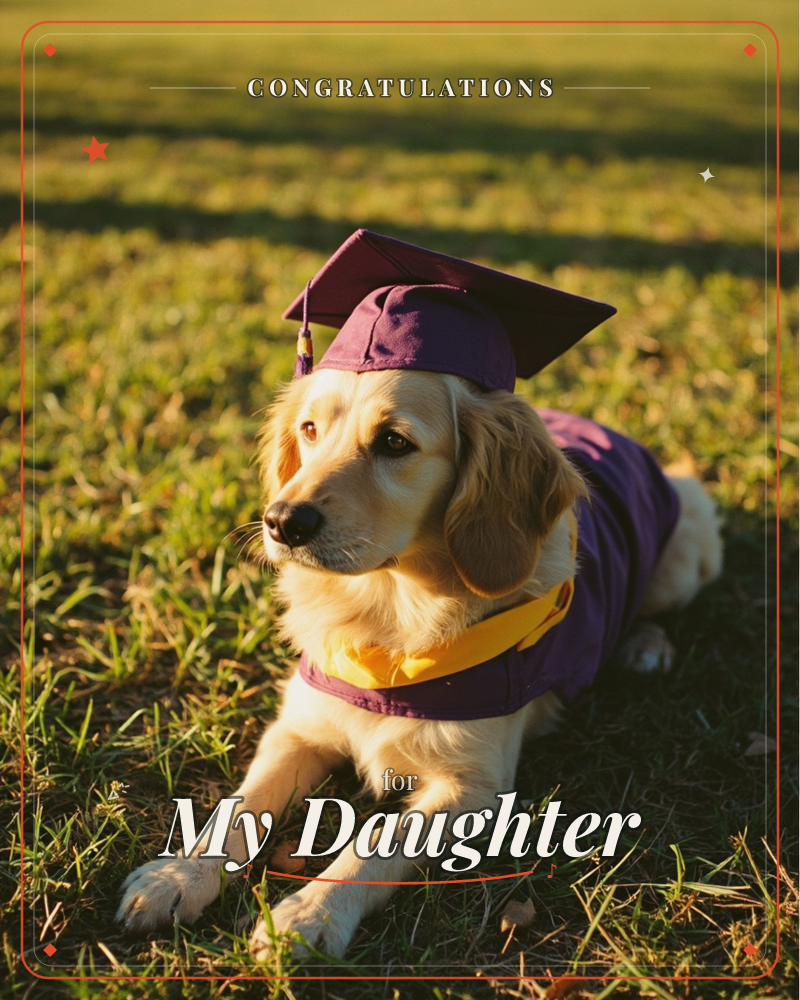 A golden retriever lies in a sunlit patch of grass wearing a maroon graduation cap and gown with a gold sash, gazing calmly off to the side, a graduation e-card design