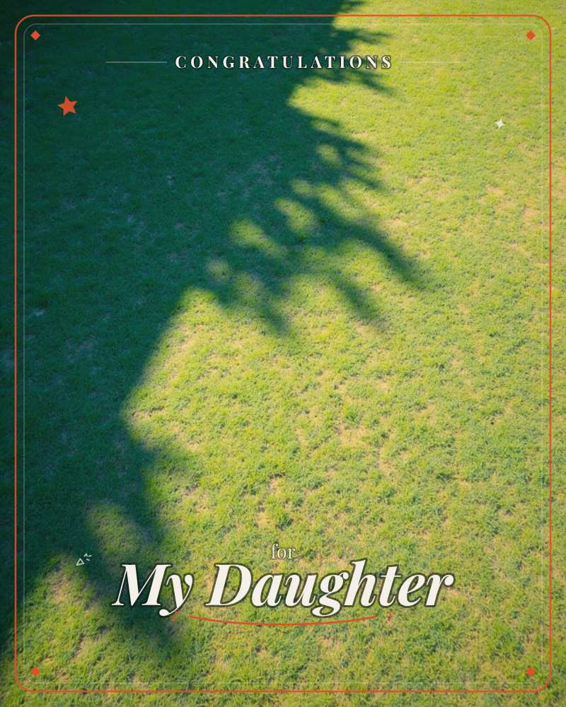 A close-up photograph of a sunlit lawn split diagonally between deep shade and glowing green, with the jagged, fence-like shadow of a hedge or railing…, a graduation e-card design