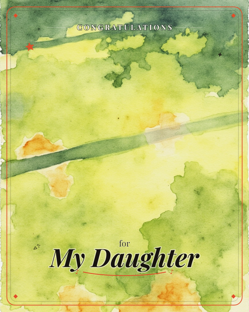 An abstract watercolour wash of chartreuse and moss green blooms across the page, crossed by a soft diagonal band of muted sage, a graduation e-card design