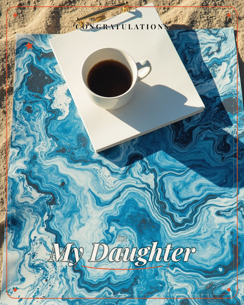 A white ceramic cup of black coffee sits on a blank clipboard, resting atop a marbled blue-and-white surface that swirls like ocean waves or agate stone, a graduation e-card design