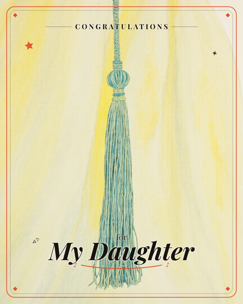 A single teal-blue tassel hangs from a braided cord against a streaky yellow and cream background, its knotted ball and loose threads rendered in fine…, a graduation e-card design